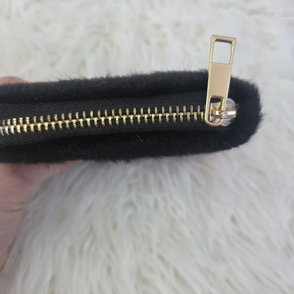 Claire's Black Gold Square Zip Around Elegant Faux Fur Wallet Clutch Purse